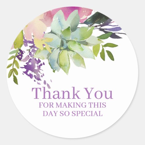 Watercolor Floral Succulent Boho Thank You Classic Round Sticker