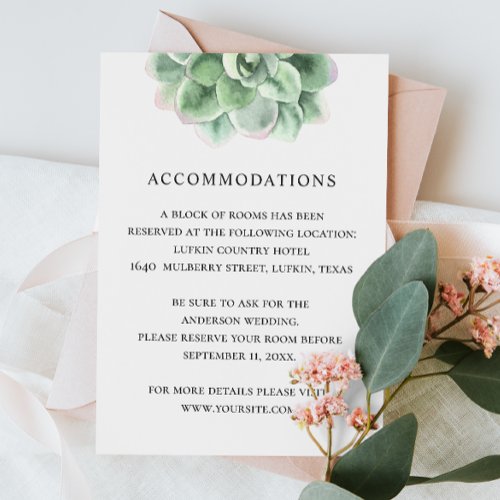 Watercolor floral succulent wedding accommodations enclosure card