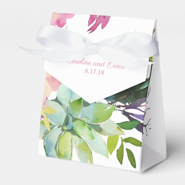 Watercolor Floral Succulent Wedding Favor Boxes (Front Side)