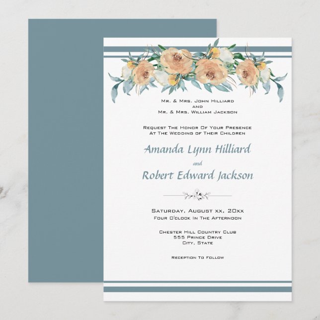  Watercolor Floral Summer Wedding Blue Green Invitation (Front/Back)