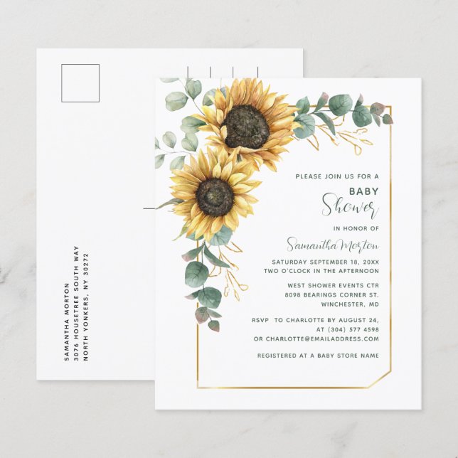 Watercolor Floral Sunflower Baby Shower Invitation (Front/Back)