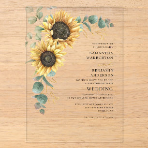 Watercolor Floral Sunflower Eucalyptus Wedding Acrylic Invitations