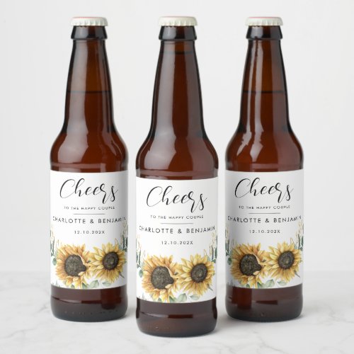 Watercolor Floral Sunflower Eucalyptus Wedding Beer Bottle Label