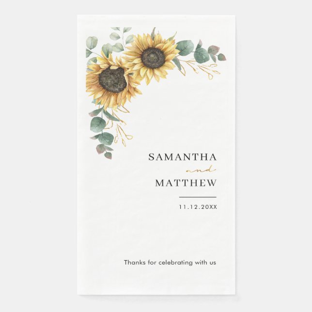 Watercolor Floral Sunflower Eucalyptus Wedding Paper Guest Towels (Front)