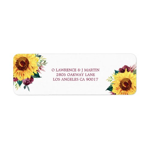 Watercolor Floral Sunflowers Burgundy Roses Label