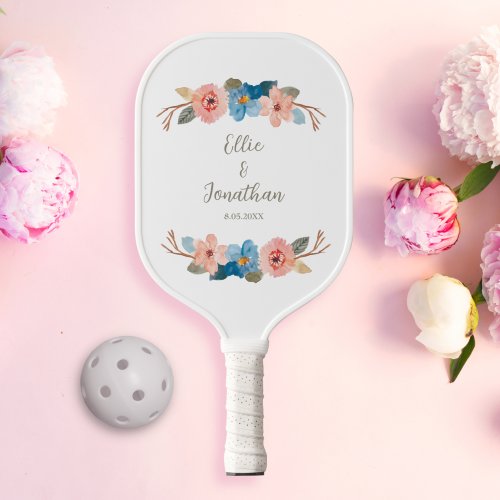 Watercolor Floral Swag Wedding Couple Custom Text Pickleball Paddle