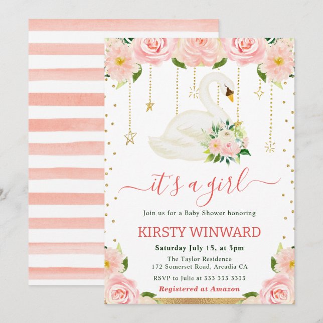 Watercolor Floral Swan Girl Baby Shower Invitation (Front/Back)