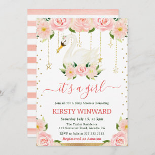 Watercolor Floral Swan Girl Baby Shower Invitation