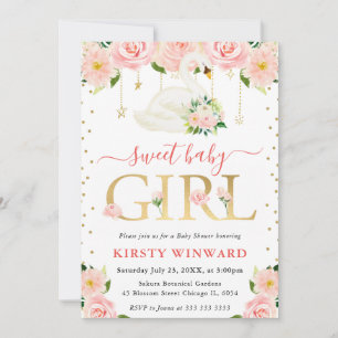 Watercolor Floral Swan Girl Baby Shower Invitation