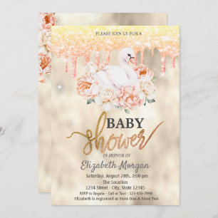 Watercolor Floral Swan Glitter Drips Baby Shower Invitation