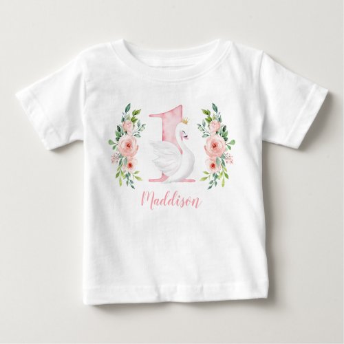 Watercolor Floral Swan Princess 1st Birthday Baby T_Shirt