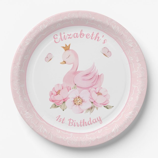 Watercolor Floral Swan Princess Birthday Paper Plates (Front)