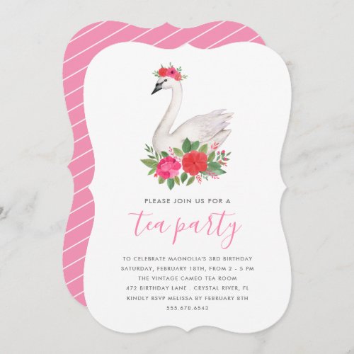 Watercolor Floral Swan Princess Birthday Tea Party Invitation