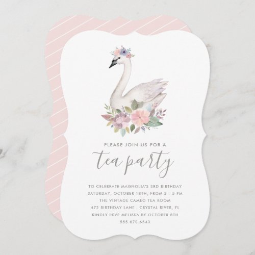 Watercolor Floral Swan Princess Birthday Tea Party Invitation