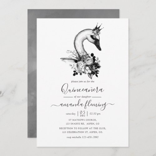 Watercolor Floral Swan Quinceaera Invitation