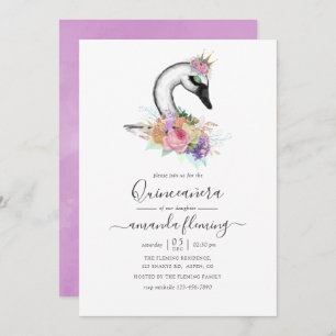 Watercolor Floral Swan Quinceañera Invitation