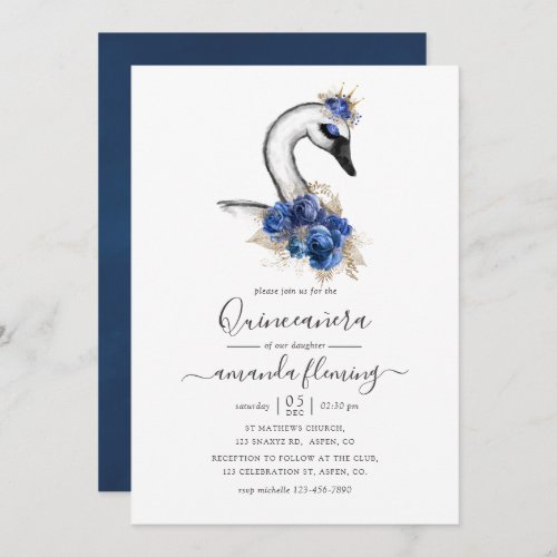Watercolor Floral Swan Quinceaera Invitation