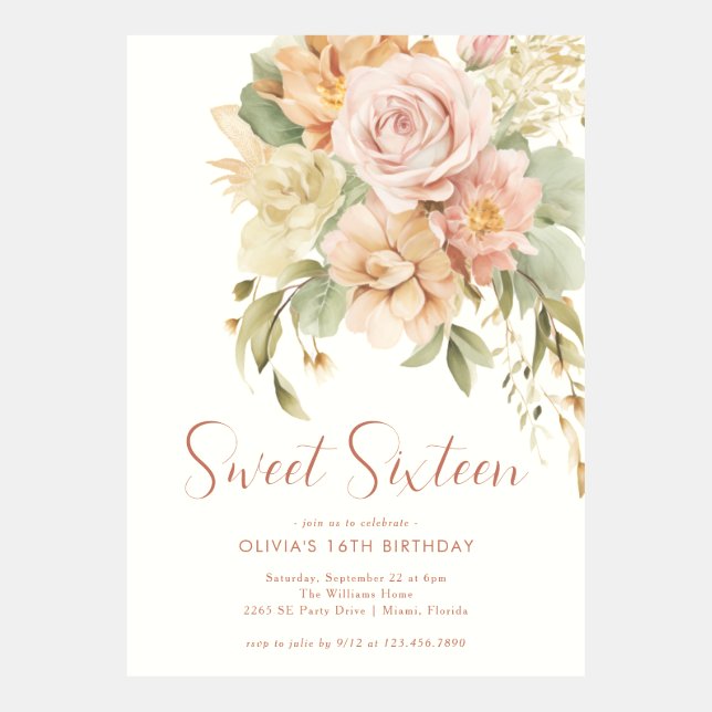 Watercolor Floral Sweet 16 Birthday Invitations (Front)
