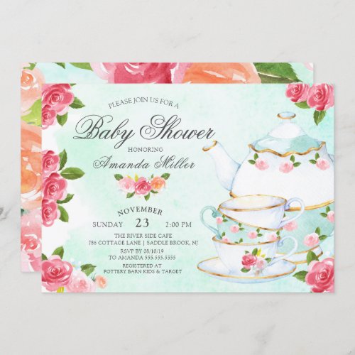 Watercolor Floral Tea Baby Shower Invitation