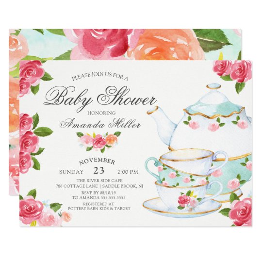 Watercolor Floral Tea Baby Shower Invitation Zazzle Com