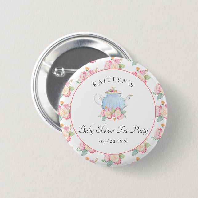 Watercolor Floral Tea Party | Baby Shower Button (Front & Back)