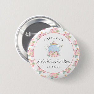 Watercolor Floral Tea Party Baby Shower Button