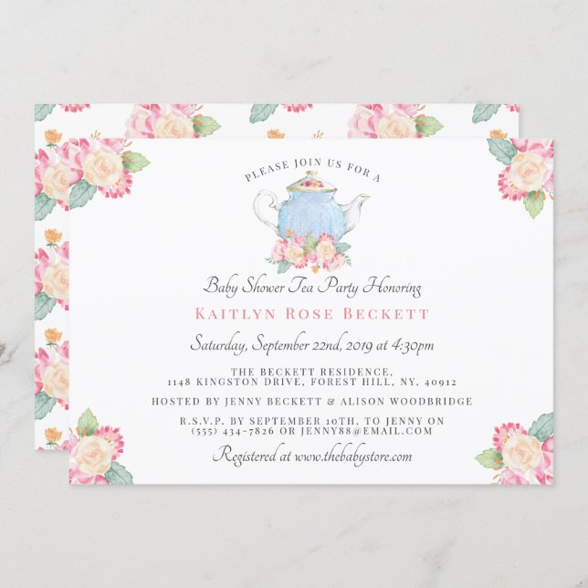 Watercolor Floral Tea Party | Baby Shower Invitation (Front/Back)