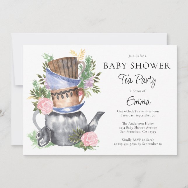 Watercolor Floral Tea Party Baby Shower Invitation (Front)