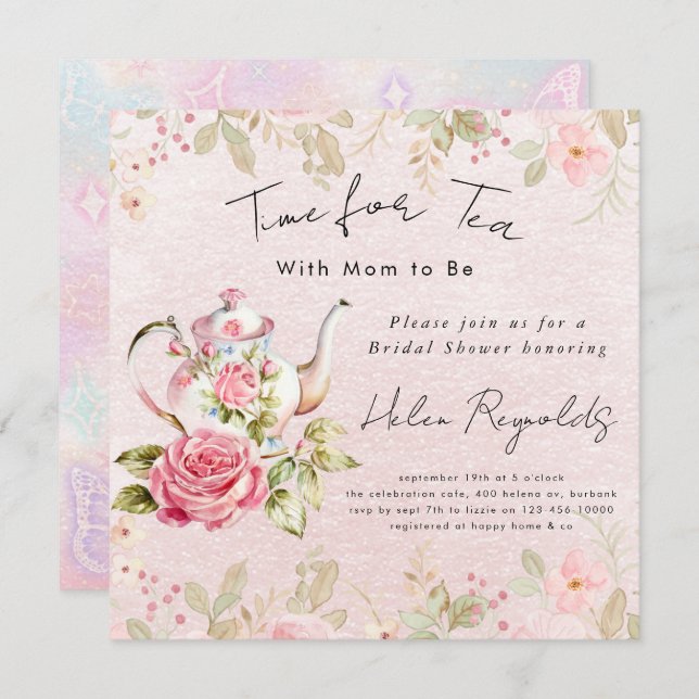 Watercolor Floral Tea Party Baby Shower Invitation (Front/Back)
