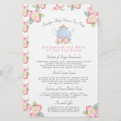 Watercolor Floral Tea Party  Baby Shower Menu