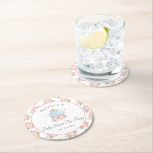 Watercolor Floral Tea Party Baby Shower Round Paper Coaster