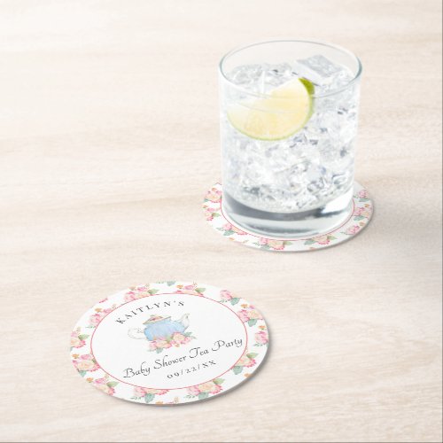 Watercolor Floral Tea Party  Baby Shower Round Paper Coaster