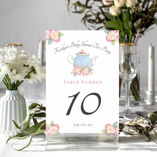 Watercolor Floral Tea Party  Baby Shower Table Number