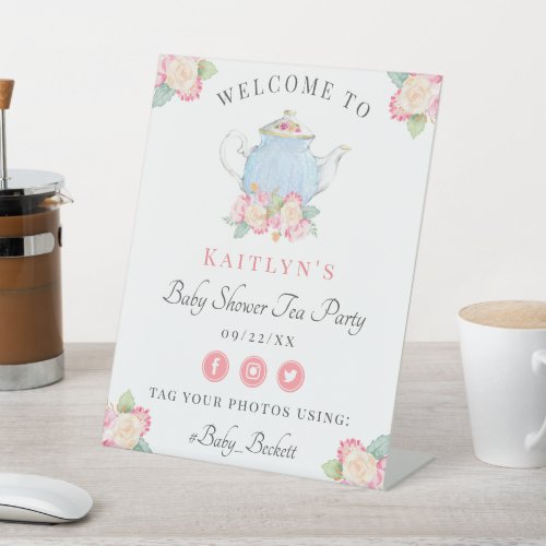 Watercolor Floral Tea Party  Baby Shower Welcome Pedestal Sign