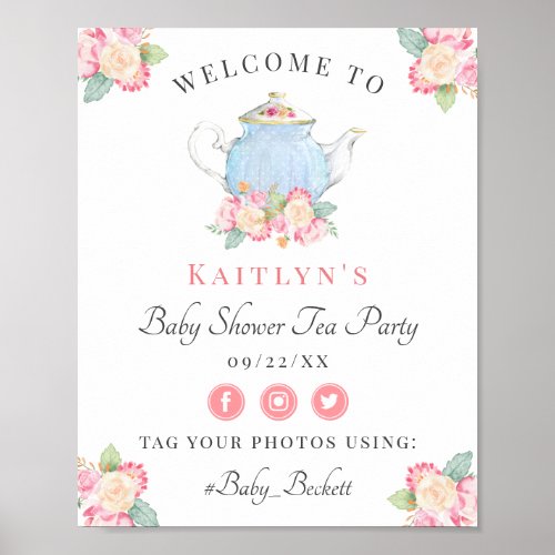 Watercolor Floral Tea Party  Baby Shower Welcome Poster