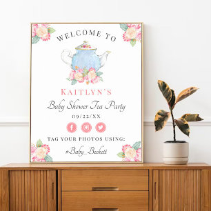 Watercolor Floral Tea Party   Baby Shower Welcome Poster