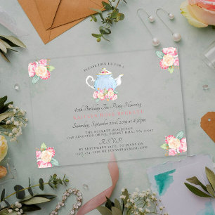 Watercolor Floral Tea Party Birthday Acrylic Invitations
