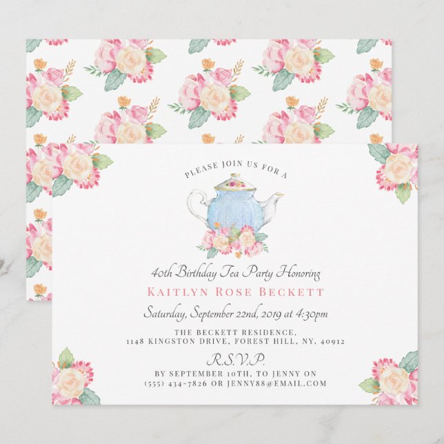Watercolor Floral Tea Party | Birthday Invitation (Front/Back)