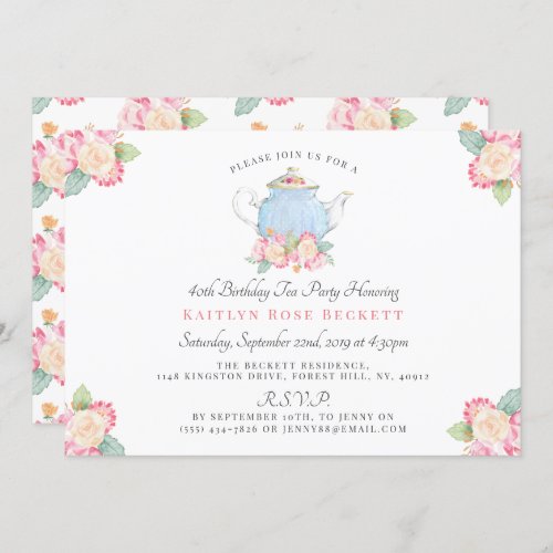 Watercolor Floral Tea Party  Birthday Invitation