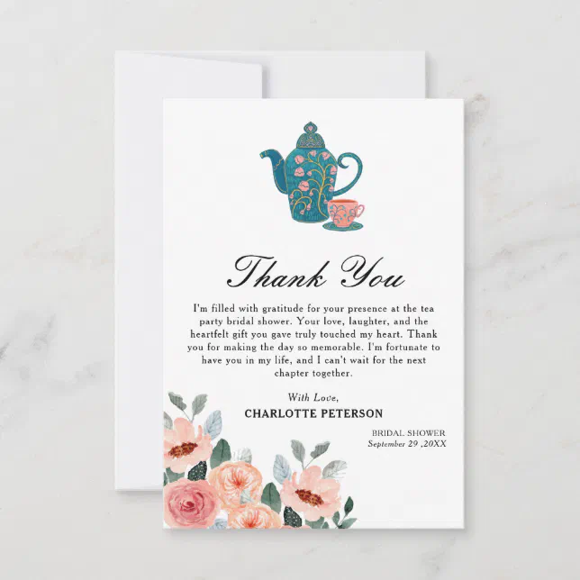 Watercolor Floral Tea Party Bridal Shower Thank You Card | Zazzle