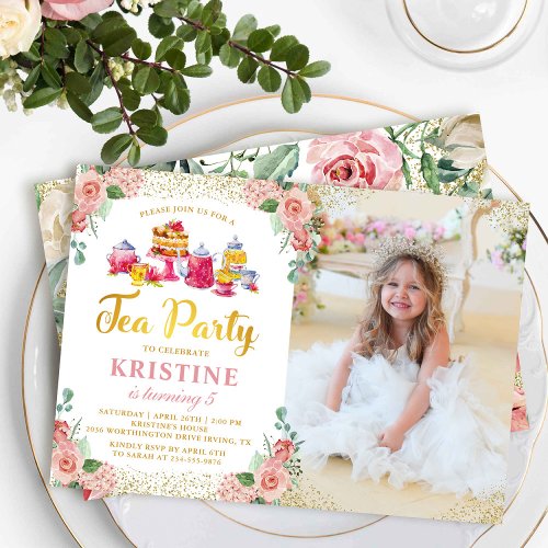 Watercolor Floral Tea Party Girls Birthday Photo Invitation