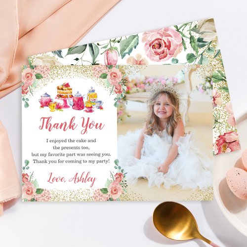 Watercolor Floral Tea Party Girls Birthday Photo Thank You Card