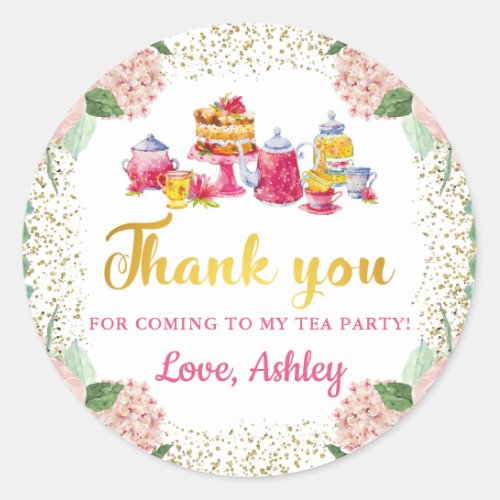 Watercolor Floral Tea Party Gold Glitter Thank You Classic Round Sticker