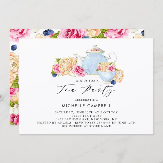 Watercolor Floral Tea Party Invitation (Front/Back)