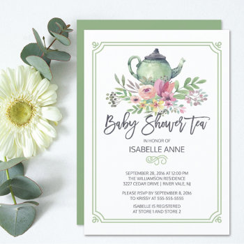 Watercolor Floral Tea Party Neutral Baby Shower Invitation by invitationstop at Zazzle