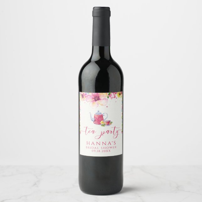 Watercolor Floral Tea Party Wine Label (Front)