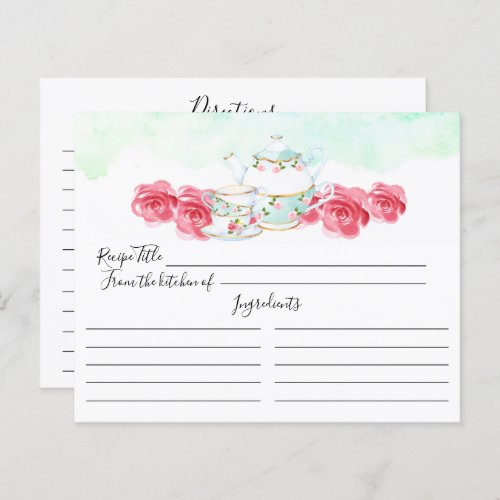 Watercolor Floral Tea Pot Floral Recipe Card