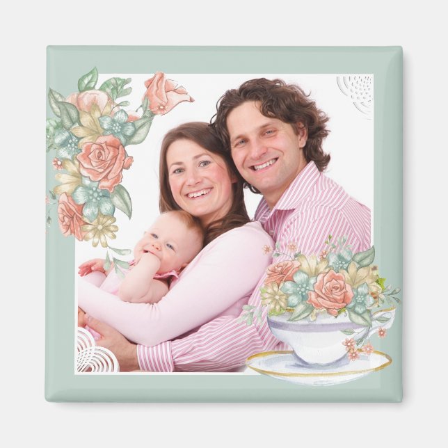 Watercolor Floral Teacup Custom Photo Magnet (Front)