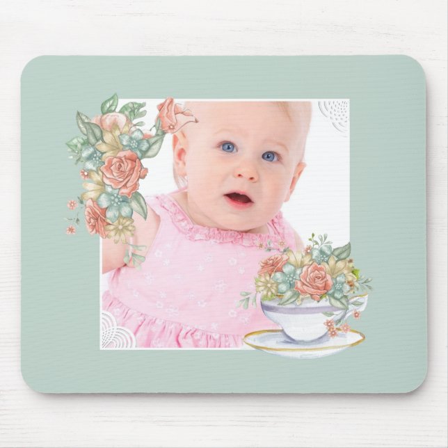 Watercolor Floral Teacup Custom Photo Mouse Pad (Front)