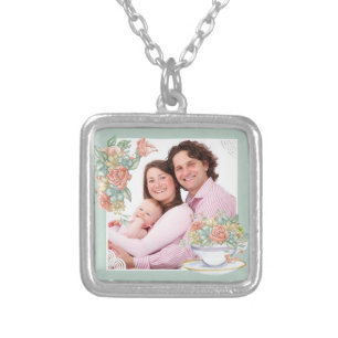 Watercolor Floral Teacup Custom Photo Silver Plated Necklace